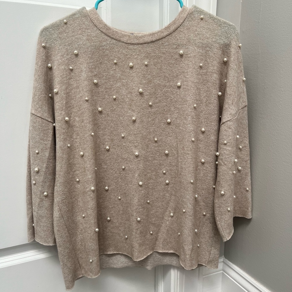 Zara Pearl Embellished Knit Sweater